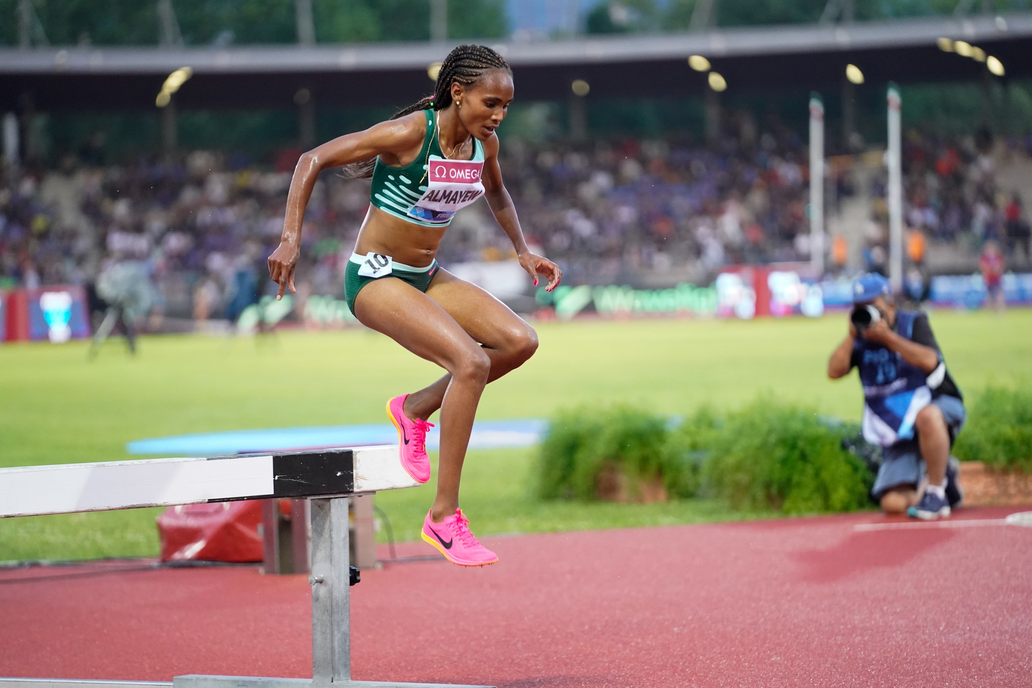 Ethiopia's Sembo Almayew takes the win in the women's 3000m steeplechase with a world-leading 9:00.7I