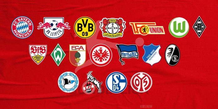 Collage of logos or names of all Bundesliga teams for the 2024/25 season.