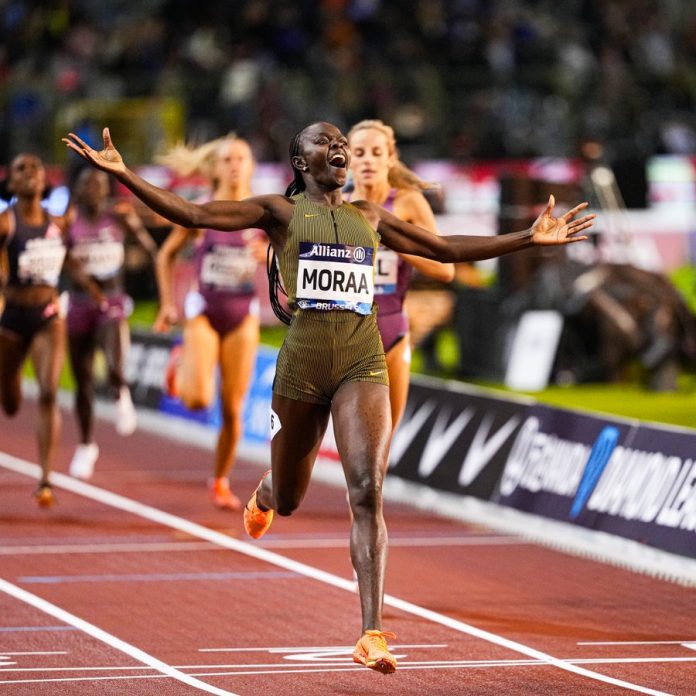 Mary Moraa celebrates reclaiming her Diamond League 800m title in Brussels.