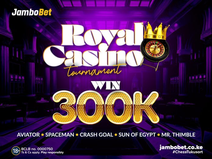 JamboBet Royal Casino Tournament banner showing Ksh 300,000 prize pool with players participating in various games.