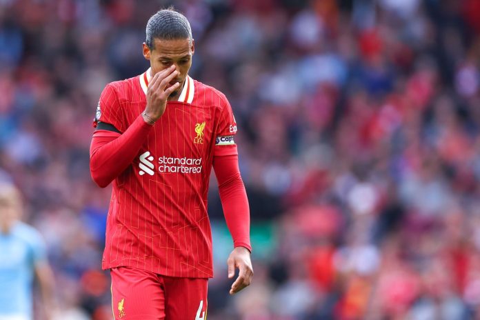 Liverpool captain Virgil van Dijk speaking to the media after a Premier League match, emphasizing the need for the team to recover from their loss and prepare for their Champions League opener