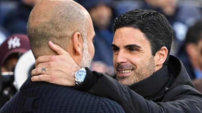 Mikel Arteta and Pep Guardiola smiling together during a Premier League event.