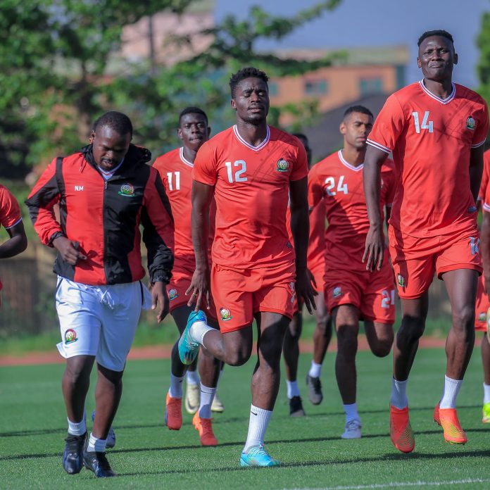 Harambee Stars captain Michael Olunga leads Harambee Stars training ahead of Cameroon Return Leg in Kampala