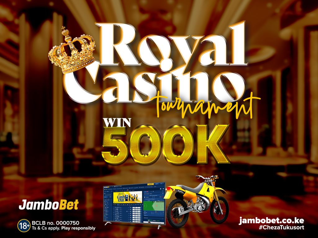 Royal Casino Tournament 2 featuring different game icons and a list of exciting prizes including a motorbike, TV, and cash.