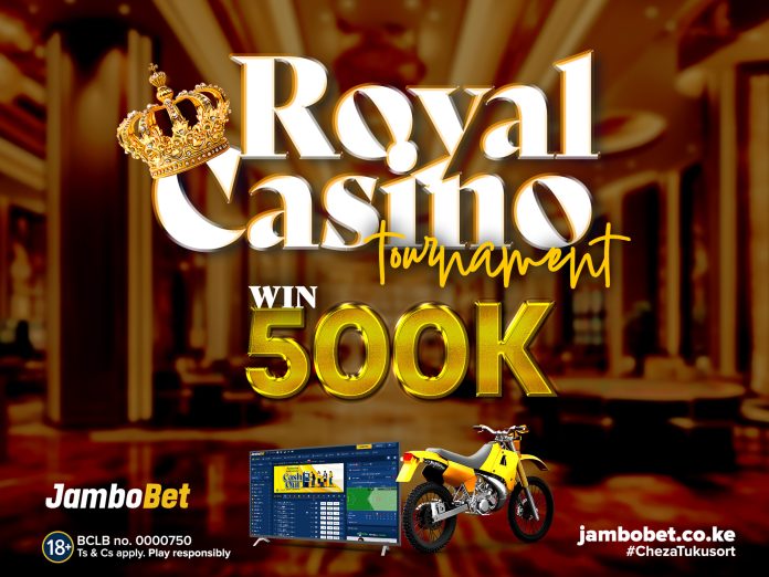 Royal Casino Tournament 2 featuring different game icons and a list of exciting prizes including a motorbike, TV, and cash.