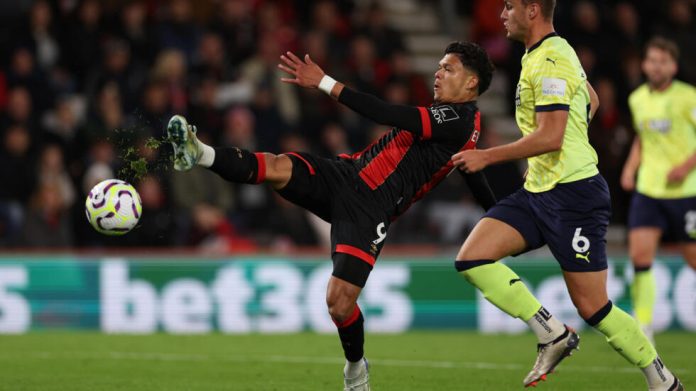 Bournemouth’s Evanilson in action, sprinting towards the goal before scoring in the South Coast Derby against Southampton.