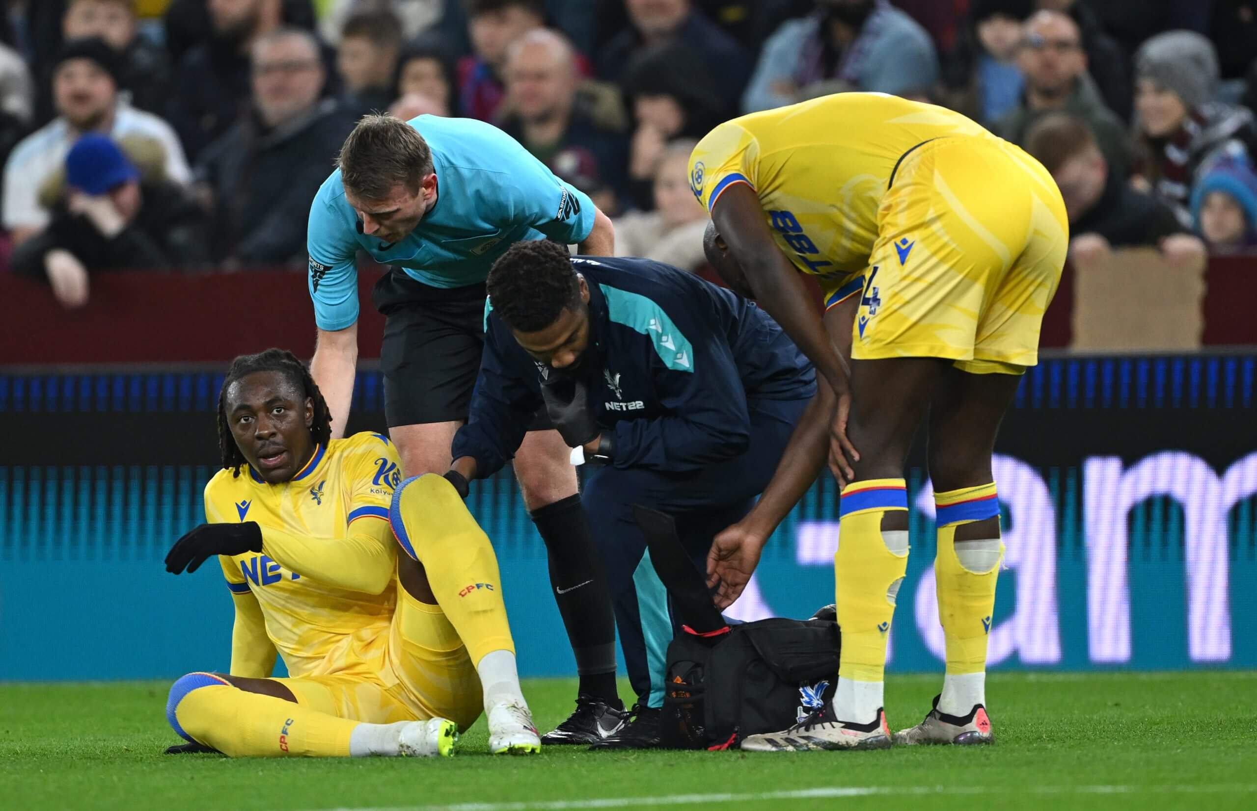 Goalscorer Eberechi Eze has gone off injured holding his thigh.