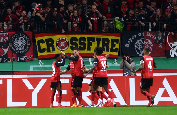 LEVERKUSEN, GERMANY - OCTOBER 29: Patrik Schick of Bayer 04 Leverkusen celebrates scoring his team's first goal with teammates during the DFB Cup round two match between Bayer 04 Leverkusen and SV 07 Elversberg at BayArena on October 29, 2024 in Leverkusen, Germany. (Photo by Leon Kuegeler/Getty Images)