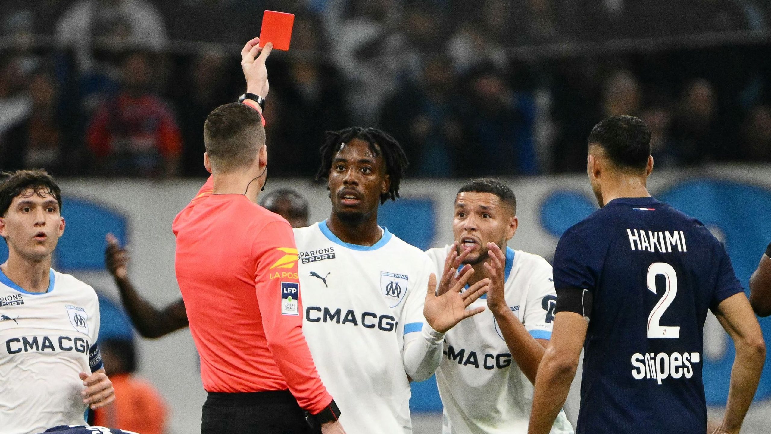 Marseille midfielder Amine Harit was shown a straight red card for a high challenge on PSG’s Marquinhos.