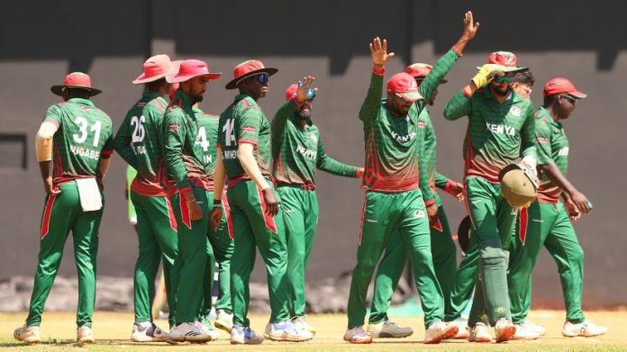 Kenya celebrates a wicket against Seychelles during the ICC Men's T20 World Cup Sub-Regional Africa Qualifier B in Nairobi