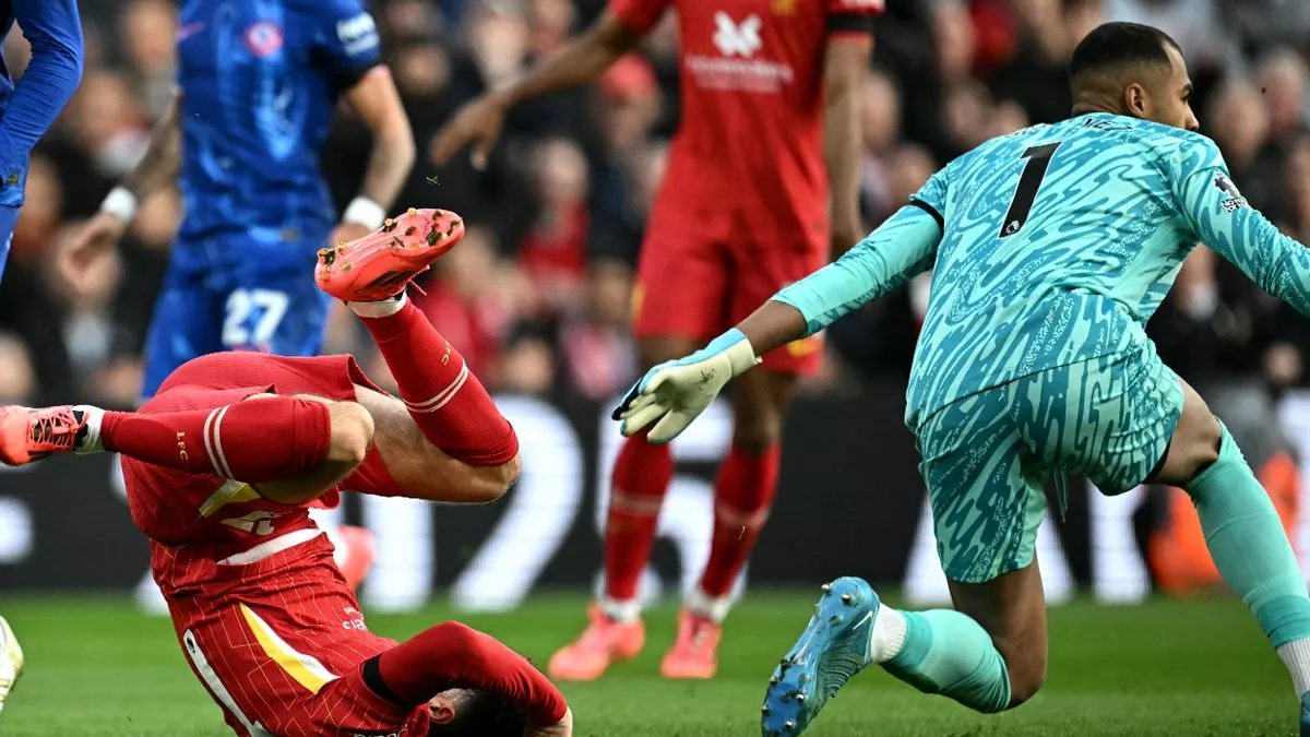 Liverpool's Curtis Jones was denied a second penalty against Chelsea following a VAR review (Image AFP via Getty Images)