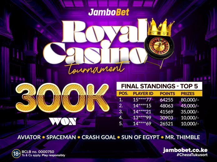 Royal Casino Tournament banner showing Ksh 300,000 prize pool and the final standings of top players.