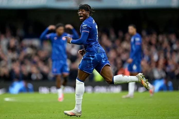 chelsea Noni Madueke celebrates after scoring a goal against Nottingham Forest.