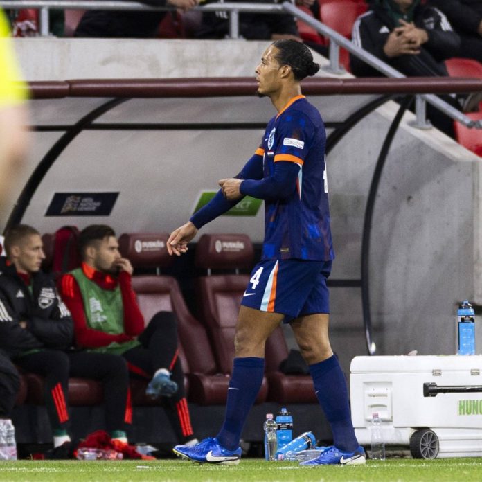 van Dijk leaves the field after being shown a red card in the Netherlands' UEFA Nations League match against Hungary.