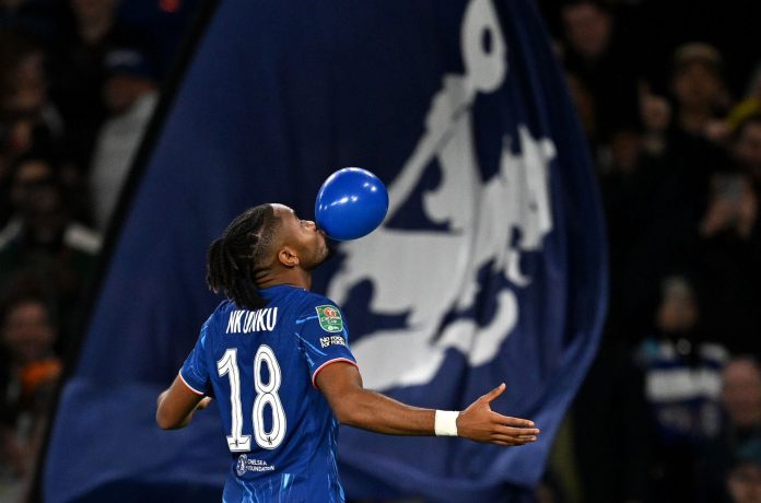 chelsea Nkunku celebrating after scoring third goal against Gent in the Europa Conference League