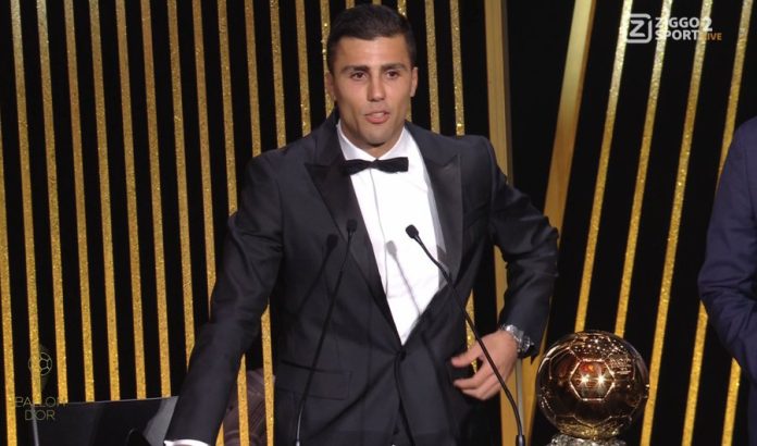 Rodri, addresses the audience during his acceptance speech at the Ballon d'Or ceremony.