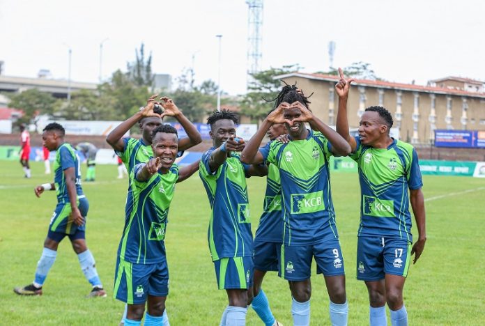 KCB FC players celebrates a goal against Bidco FC during a Kenya Premier League match played at the Police Sacco Stadium. PHOTO/KCB