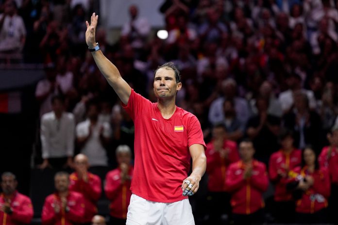 Rafael Nadal gets emotional while receiving an impassioned farewell from his fans in a packed arena in Malaga on Tuesday, following Spain’s 2-1 defeat to the Netherlands in the Davis Cup