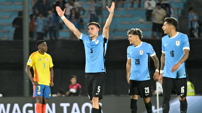 Uruguay's Manuel Ugarte celebrates scoring his side's third goal against Colombia during a qualifying soccer match for the FIFA World Cup 2026 in Montevideo, Uruguay, Nov 15, 2024. (PHOTO / AP)