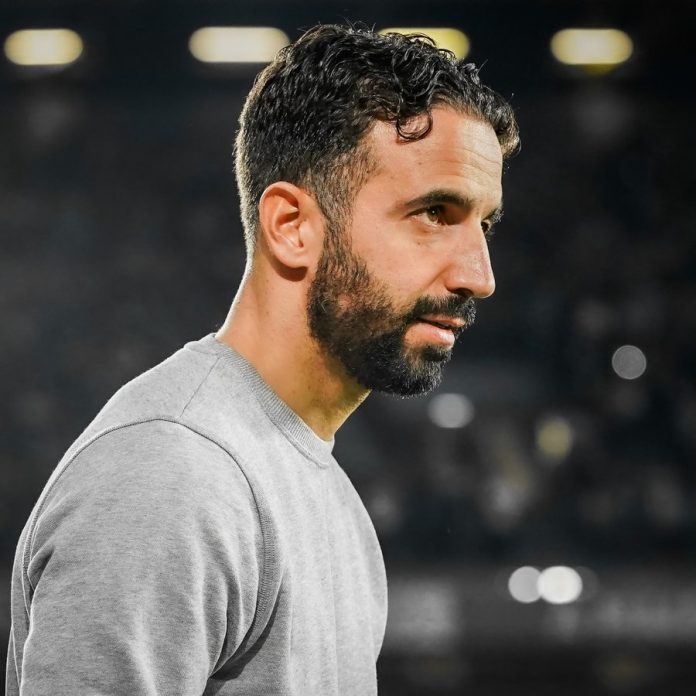 Rúben Amorim, Manchester United’s head coach, with a focused expression during a match.