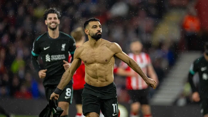 Liverpool Star Winger,Mohamed Salah celebrates his second goal against Southampton / IMAGO / Propaganda Photo