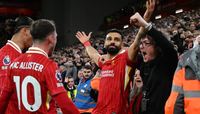 Mohamed Salah scored one and created another as Liverpool marched 11 points clear of Manchester City with a 2-0 victory over Pep Guardiola’s out-of-form side at Anfield.