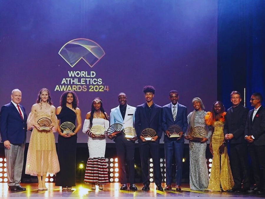 Winners of the 2024 World Athletics Awards: Sifan Hassan (Female World Athlete of the Year), Letsile Tebogo (Male World Athlete of the Year), Sydney McLaughlin-Levrone (Female Track Athlete of the Year), Mondo Duplantis (Male Field Athlete of the Year), Yaroslava Mahuchikh (Female Field Athlete of the Year), and Tamirat Tola (Male Out of Stadium Athlete of the Year),