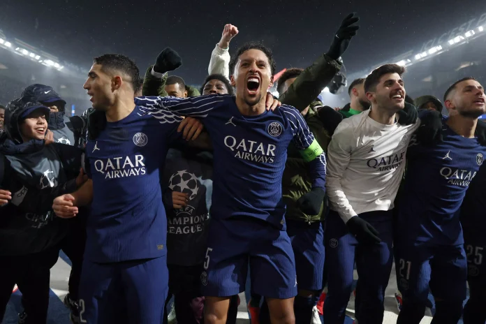 Paris Saint-Germain's players celebrate their victory at the end of the UEFA Champions League, league phase football match between Paris Saint-Germain and Manchester City at the Parc des Princes Stadium in Paris (Franck FIFE / AFP) https://www.deccanchronicle.com/sports/football/psg-sink-man-city-with-stunning-champions-league-comeback-1856043