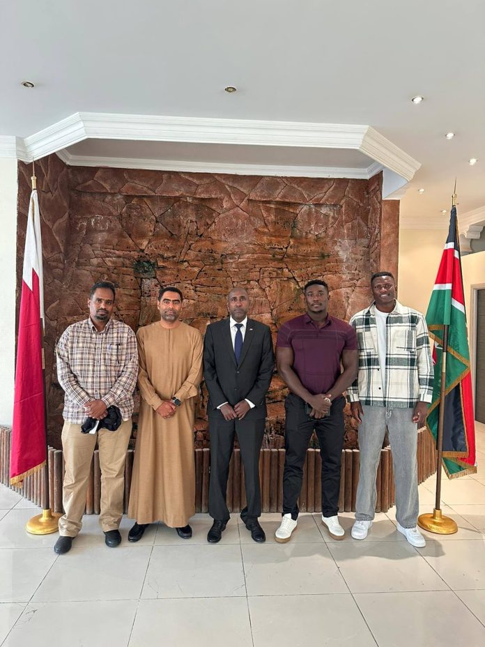 FKF President Hussein Mohamed and Michael Olunga meet Qatari officials to enhance Kenya-Qatar football ties.Photo || Embassy of Kenya, Doha