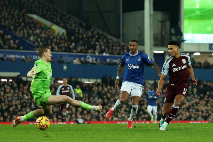 Ollie Watkins slots the ball past Everton goalkeeper Jordan Pickford to seal all three points for Aston Villa