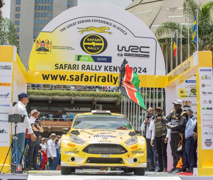 President William Ruto flags off the 2024 WRC Safari Rally shakedown at KICC, Nairobi. [PCS]