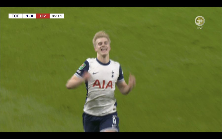 Bergvall celebrates after scoring the decisive goal in Tottenham's 1-0 victory over Liverpool in the Carabao Cup semi-final first leg.