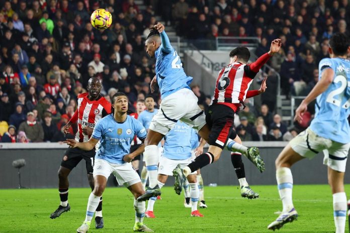 Brentford's Christian Norgaard scores their second goal to equalise with City.PHOTO: REUTERS