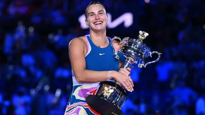 Hat-trick bid: Aryna Sabalenka is aiming to lift the Daphne Akhurst Memorial Cup awarded to the winner of the Australian Open for the third year running, after triumphs in 2024 (left) and 2023 © Martin KEEP / AFP/File