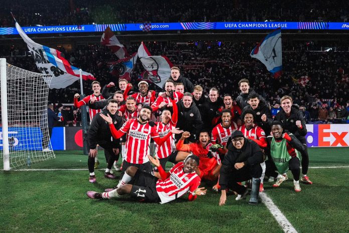 PSV's players celebrates after knocking Juventus out of Champions League: Photo Courtesy