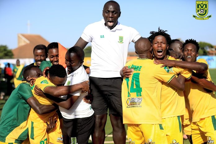 Mathare United players erupts in celebration following their 1-0 shocking win over League Leaders Kenya Police