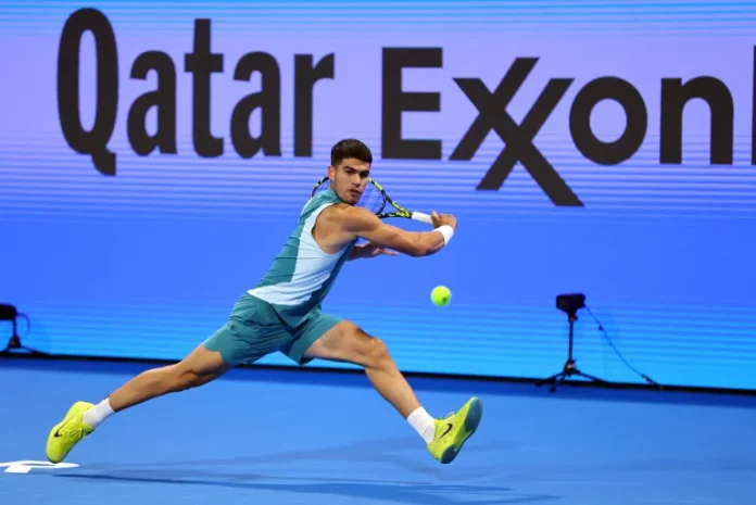 Spain’s Carlos Alcaraz in action during his round of 32 match against Croatia’s Marin Cilic [Ibraheem Al Omari/Reuters]