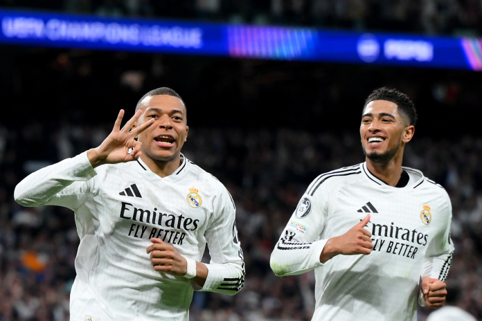 Mbappe gestures after netting a hat-trick for Real Madrid against Manchester City. EFE