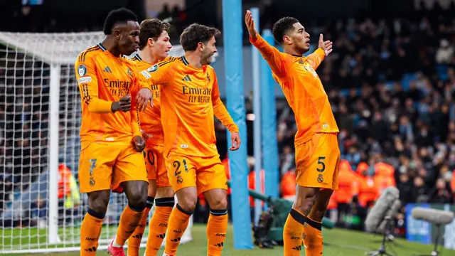 MCI vs RMA, UCL 2024-25: Real Madrid players celebrating Bellingham's late winner at the Etihad Stadium. (Photo: @realmadrid/X)