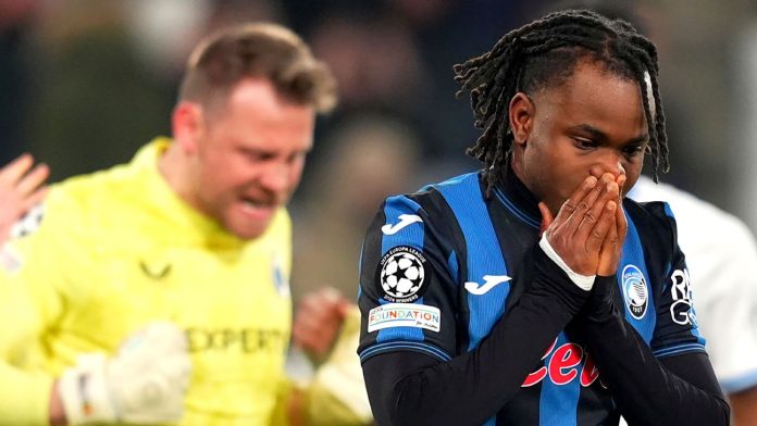 Atalanta winger Ademola Lookman had a penalty saved by Club Brugge goalkeeper Simon Mignolet in the Serie A side's Champions League elimination. Spada/LaPresse via AP