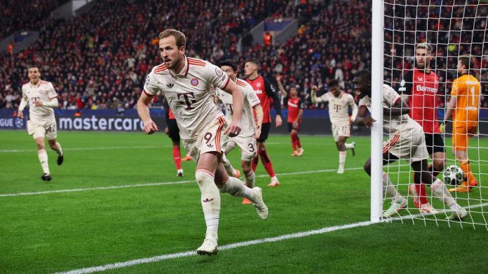 Harry Kane of Bayern Munich celebrates scoring his team’s first goal during the UEFA Champions League 2024/25 Round of 16 second leg match against Bayer 04 Leverkusen. | Photo Credit: Getty Images