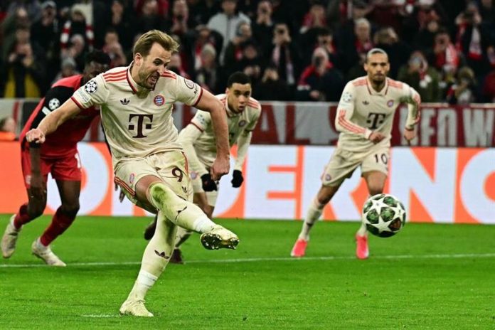 UCL round of 16 first leg, Bayern vs Bayer 04: Munich's Harry Kane scores his side's third goal | Photo: Tom Weller/dpa via AP