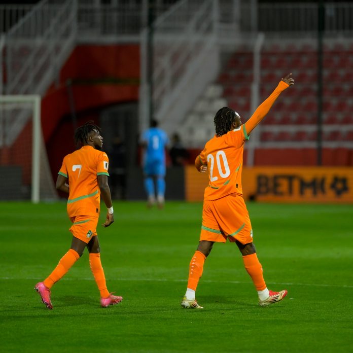 CAF WORLD CUP QUALIFIERS;Evann Guessand celebrates after scoring his first goal for Ivory Coast.His goal earned the Elephants all the three points, taking them back to the top of Group F