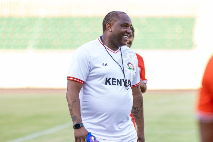 Benni McCarthy all smiles in training ahead of crucial Gabon Match on Sunday at Nyayo Stadium. FKF Media