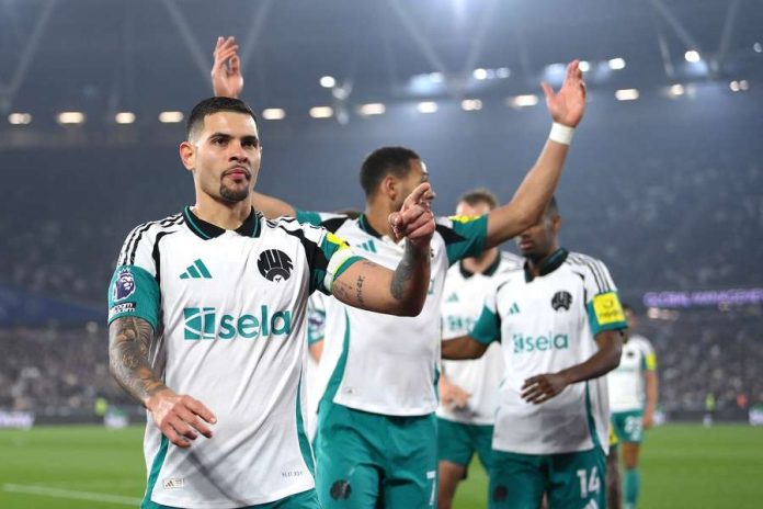 Bruno Guimaraes, left, celebrates his goal with Newcastle teammates Justin Setterfield / GETTY IMAGES EUROPE / Getty Images via AFP