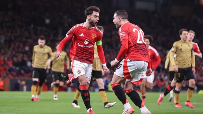 Bruno Fernandes celebrates after scoring Man United third goal of the night:(Image: Getty Images)