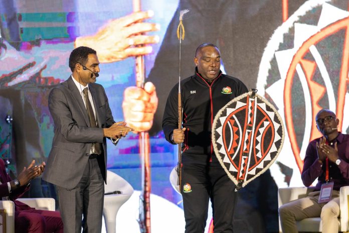 New Harambee Stars head coach Benni McCarthy with FKF boss Hussein Mohammed during the unveiling on March 3, 2025. Photo/RAYMOND MAKHAYA