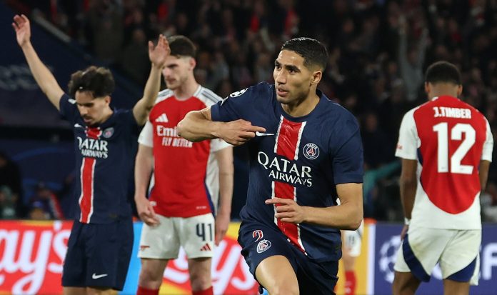 PSG's Achraf Hakimi celebrates after scoring his team's second goal during the UEFA Champions League semifinals 2nd leg match against Arsenal, Paris, France, May 7, 2025. (EPA Photo)