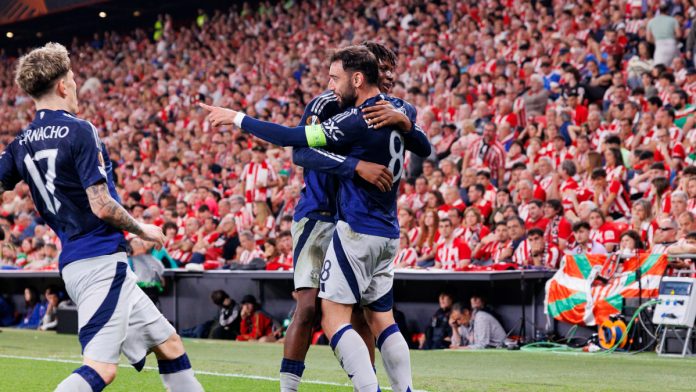BILBAO, SPAIN - MAY Bruno Fernandes of Manchester United celebrates after scoring the team's third goal during the UEFA Europa League 2024/25 Semi Final First Leg match between Athletic Bilbao and Manchester United at San Mames Stadium on May 1, 2025 in Bilbao, Spain. (Photo by Maciej Rogowski/Eurasia Sport Images/Getty Images)