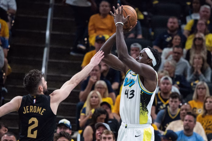 Indiana Pacers forward Pascal Siakam (43) shoots the ball while Cleveland Cavaliers guard Ty Jerome (2) defends during game four of the second round for the 2025 NBA Playoffs at Gainbridge Fieldhouse.-Credit: Trevor Ruszkowski